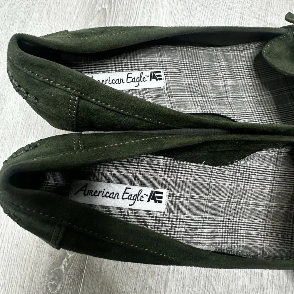 American Eagle Outfitters Olive Green Suede Wedge Loafers with Brass Buckle
